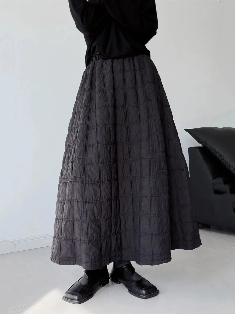 Vintage Simple Thick Warm Cotton Padded Skirt Winter Black Elastic High Waist Diamond Checkered A-Line Skirt Women Plaid Loose