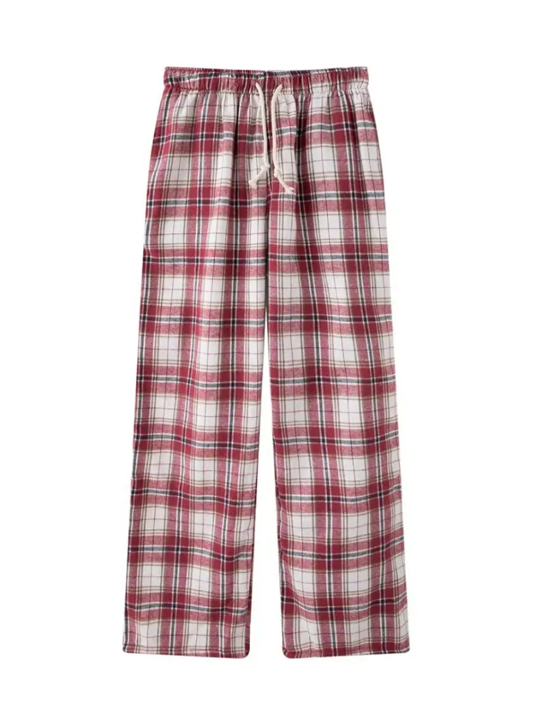 PUWD Women Red Drawstring Trousers 2023 Summer Vintage Ladies High Elastic Waist Plaid Printed Pants Female Chic Bottoms