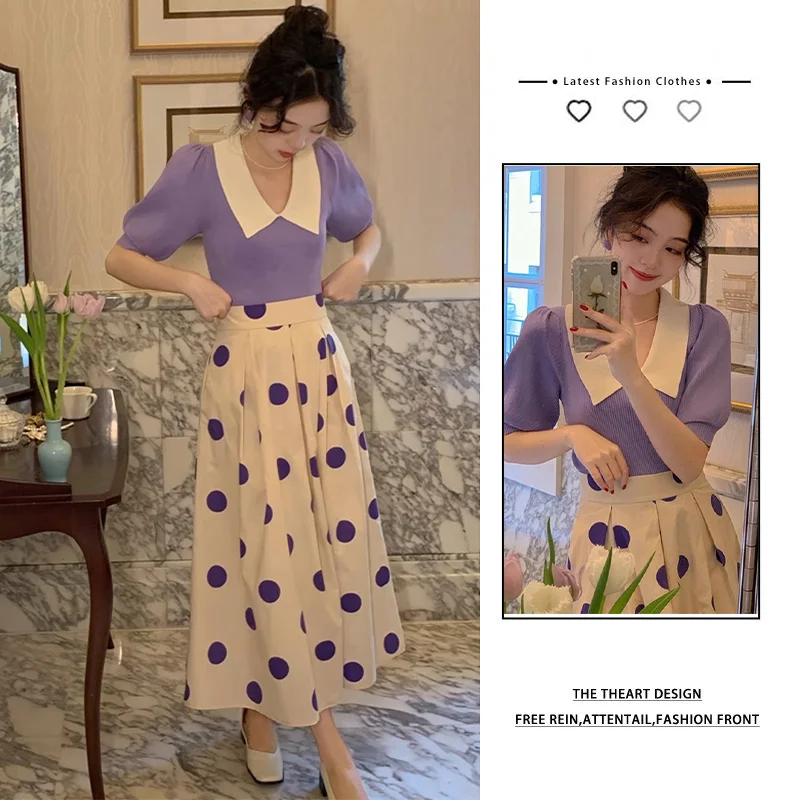 

Women Clothes Summer Fashion Korean Simplicity All-match Temperament Polka Dot Solid Color Turn-down Collar A-line Skirt Suit