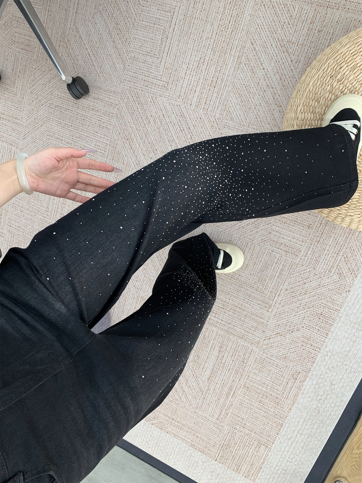 

High Waist iny Sequin Wide Leg Jeans Women's Loose Straight Cut Denim Spring Faionable Casual Cotton Blend Trousers