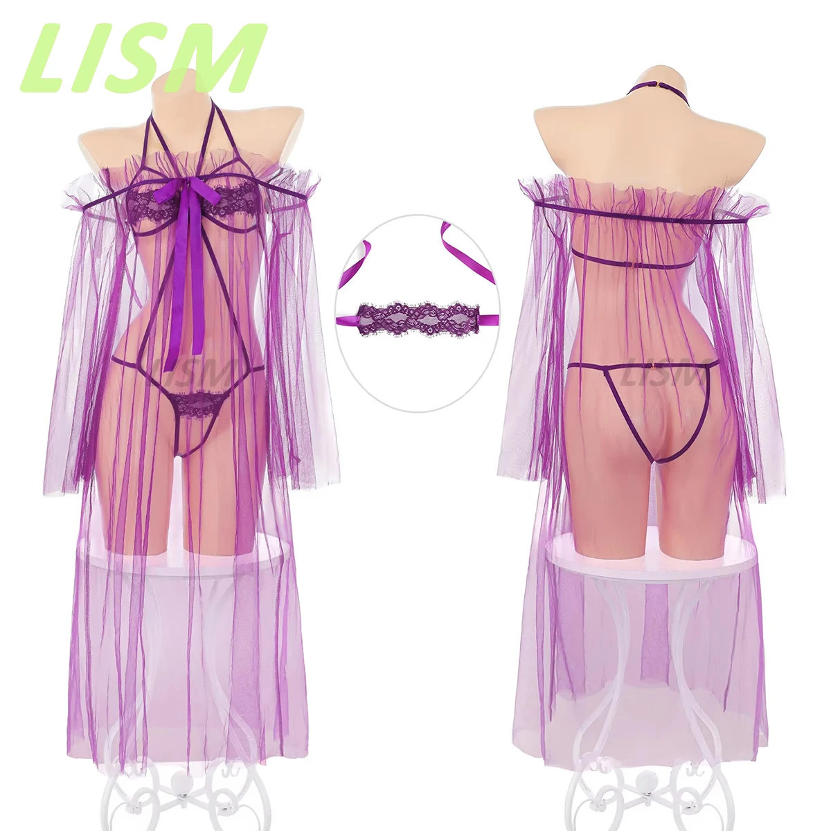 

Women Sheer Mesh Robe Set Halter Neck Lace Detail Bow Accent + Lace Eye Mask Intimate Lingerie Costume