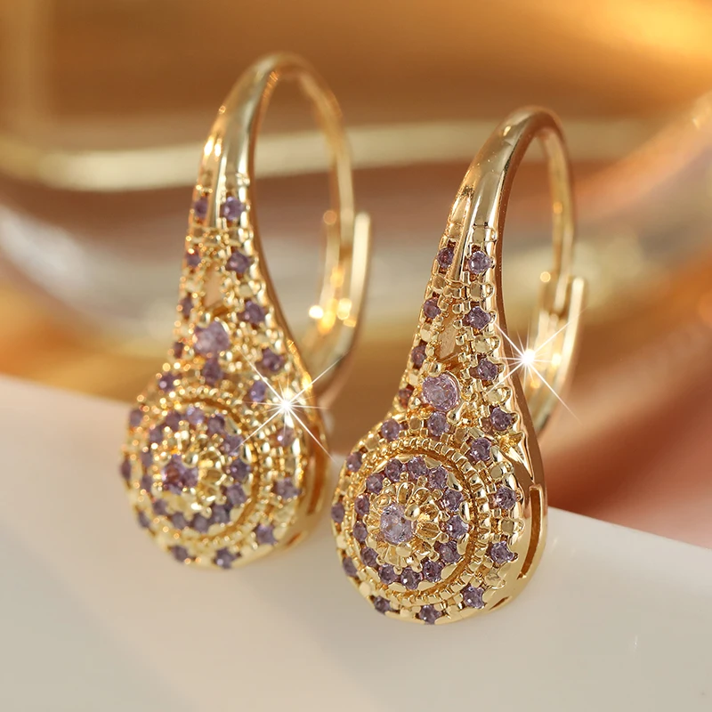 Elegante, luxuriöse, farbenfrohe Ohrringe mit kubischem Zirkon, minimalistisches Design für Damen, exquisite vergoldete Ohrringe, Bankett- und Party-Schmuck – Detail 1