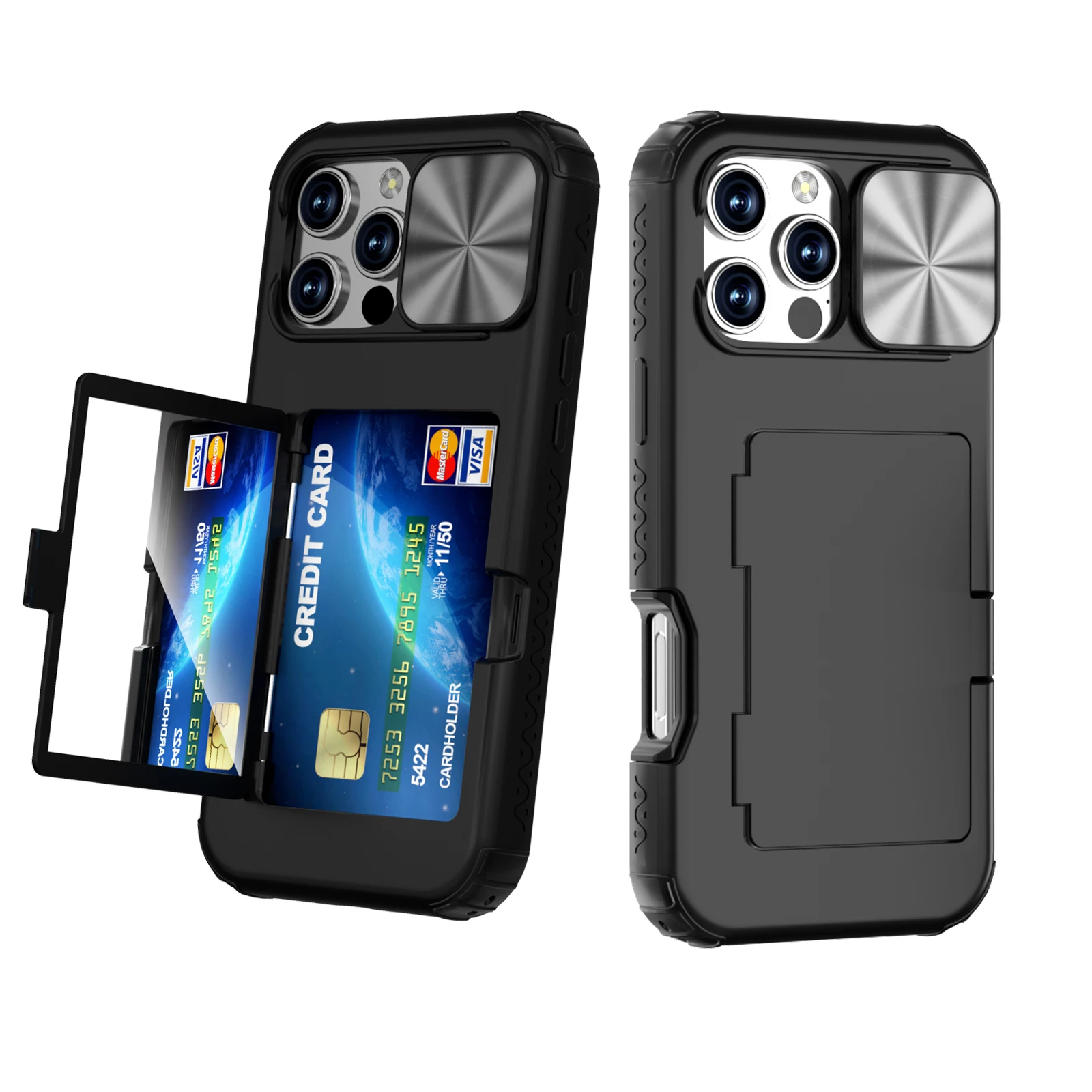 Shockproof Hidden Mirror Card Holder Wallet Case For iPhone 16 Pro Max 16 Plus, Hybrid Heavy Duty Slide Camera Protection Cover