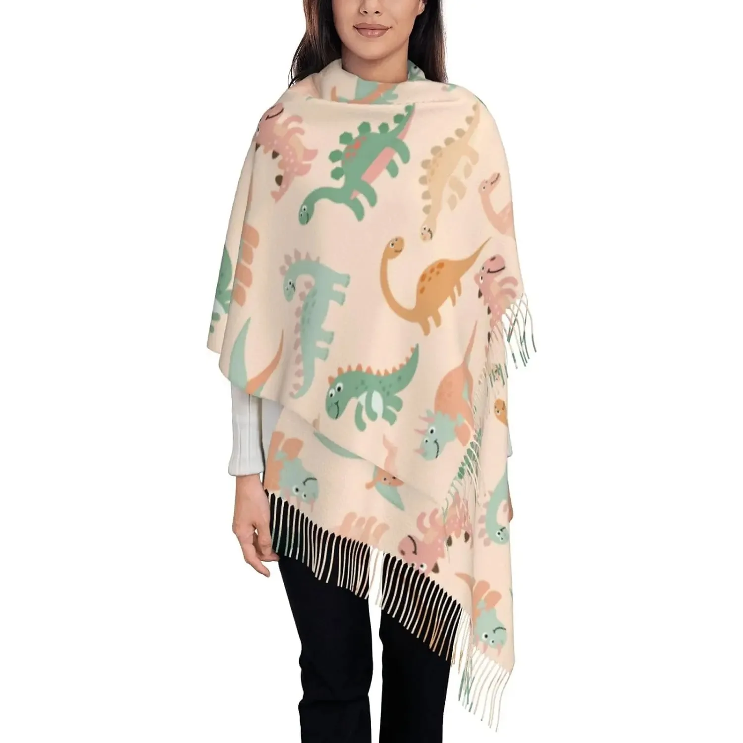 Cute Dinosaur Scarf Shawl Fashion Printed Tassel Scarf for Women Large Blanket Wrap Shawl For Gift Women Spring Fall Winter