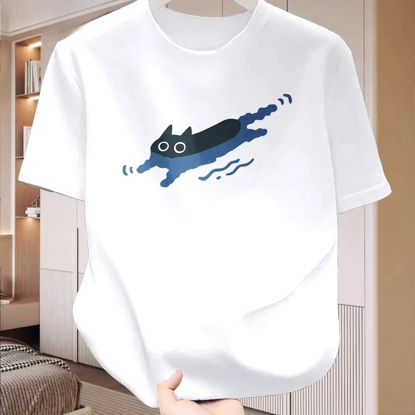 Summer Clothes with Many Reviews From Koreans Cute Cartoon Black Cat Swimming Pattern Y2k Casual Kawaii Free Clothing Clearance