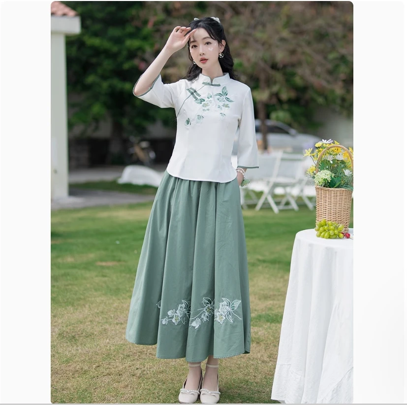Fivela bordada melhorada cheongsam top, novo estilo chinês estudante hanfu algodão e linho conjunto saia feminina
