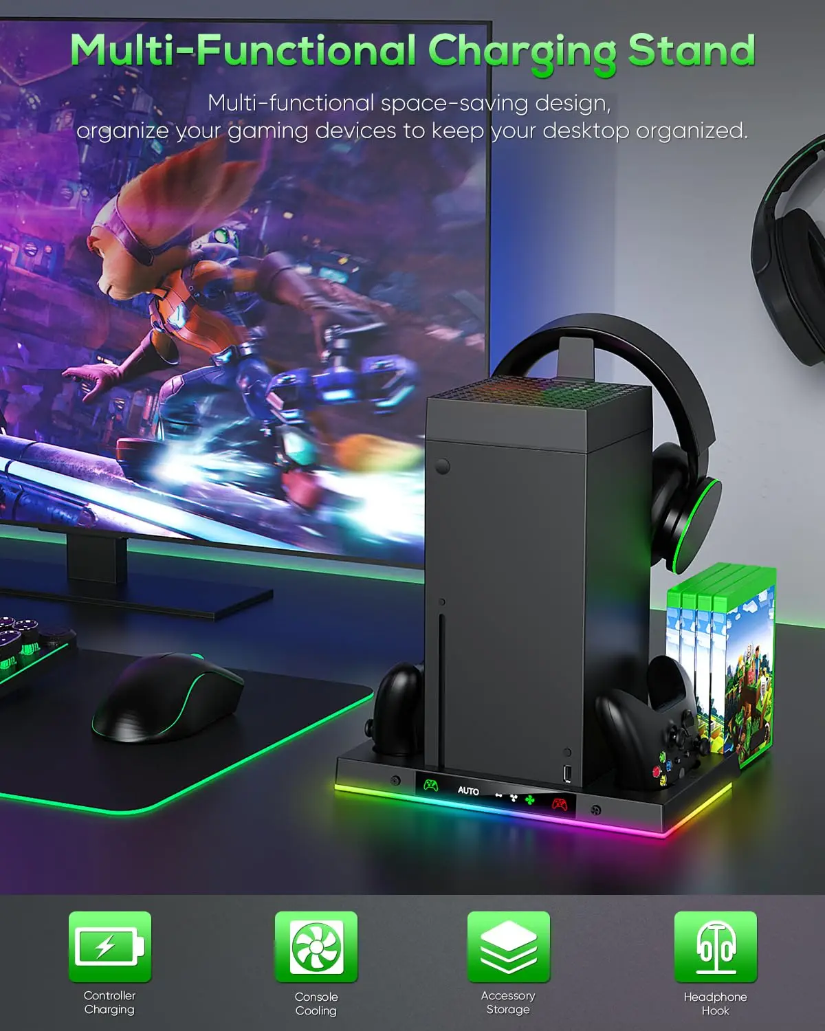 Ipega Cooling Fan & Charge Stand Accessories for Xbox Series X Console with 15 Light Modes, Wireless Dual Charging Dock for XSX