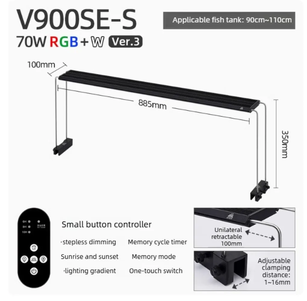 Extendable Bracket Aquarium LED Light - Dimmable 24/7 Mode IP68 Waterproof Fish Tank Lighting with Timer for 12