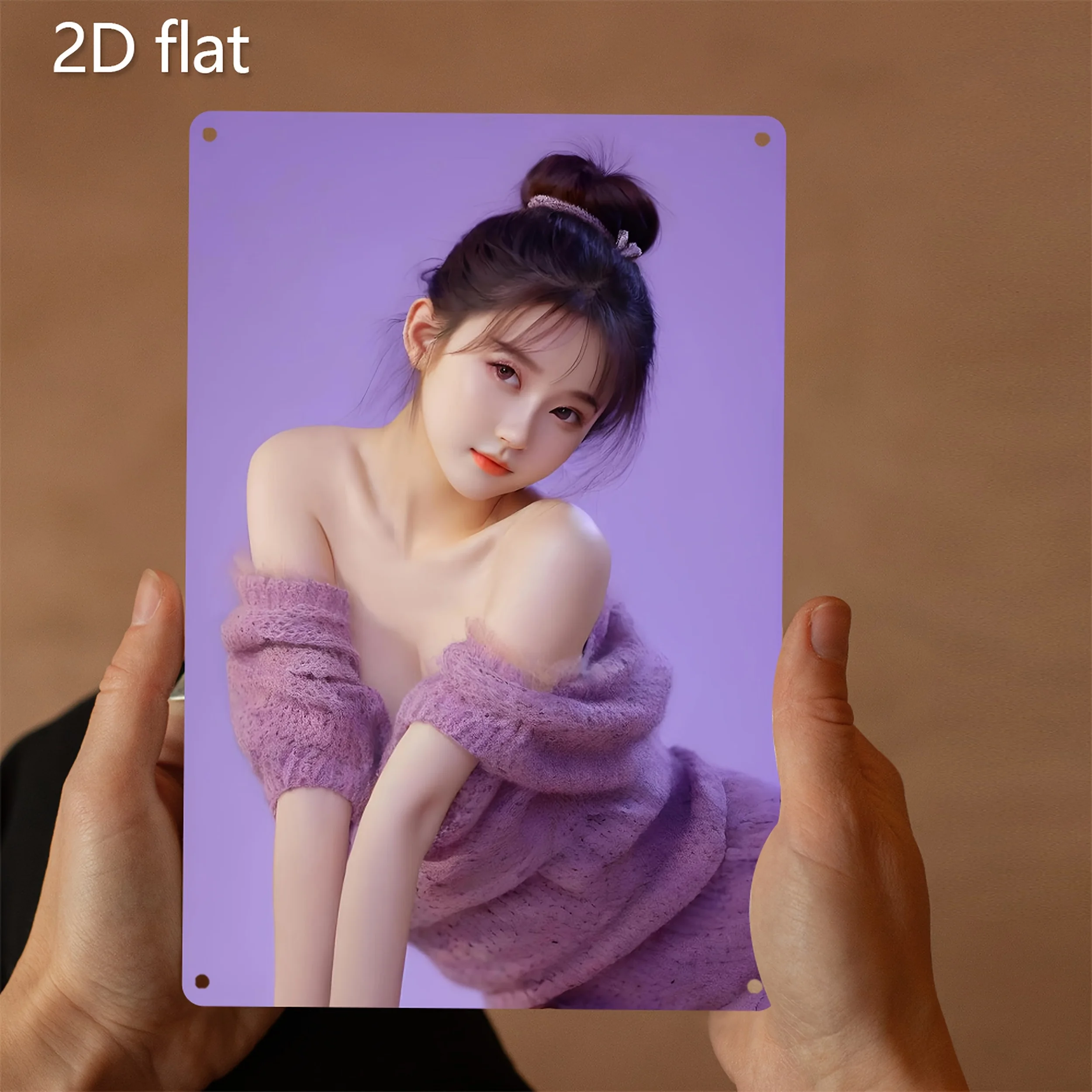 

2D Flat, 1pc Purple Elegance Woman With Bun Hairstyle Tinplate Metal Wall Art - Weather-Resistant Iron Plaque, Pre-Drilled Holes