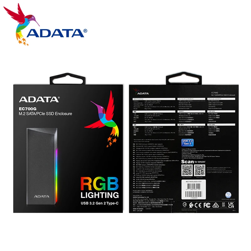 ADATA EC700G корпус для твердотельного накопителя Type-C NVMe M.2 2280 / 2242/ 2230 eSATA RGB светильник 10 Гбит/с SSD Box USB3.2 Gen2 SSD