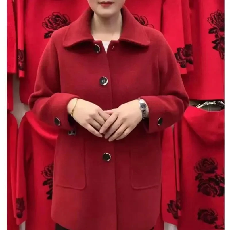 5XL High End Large Size Women Double-sided Cashmere Woolen Coat Autumn New Middle Aged Female Korean Loose Mid-Long Wool Outwear