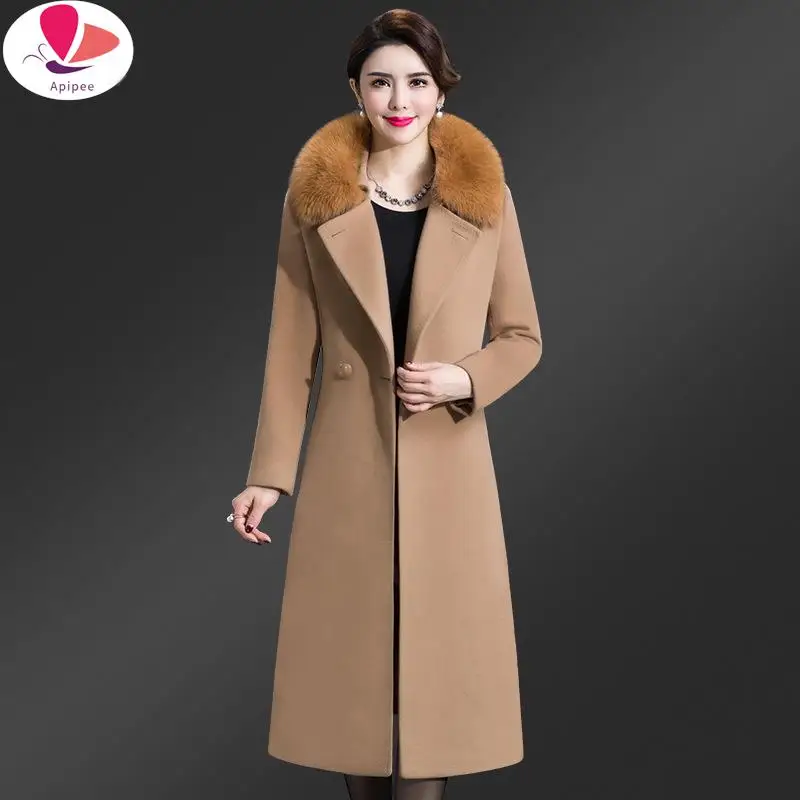 

APIPEE Women Winter Wool Blends Coat Jacket 2024 New Female Girl Long Real Fox Fur Coats Parka Trench