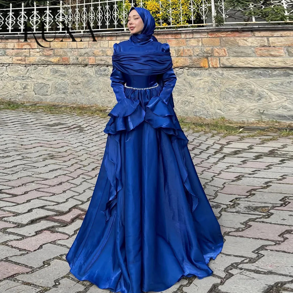 KUXA Maßgeschneiderte A-Linien-Abendkleider Muslimische Perlenstickerei Lange Ärmel Plissiert Bodenlang Elegante Dunkelblaue Partykleider 2026