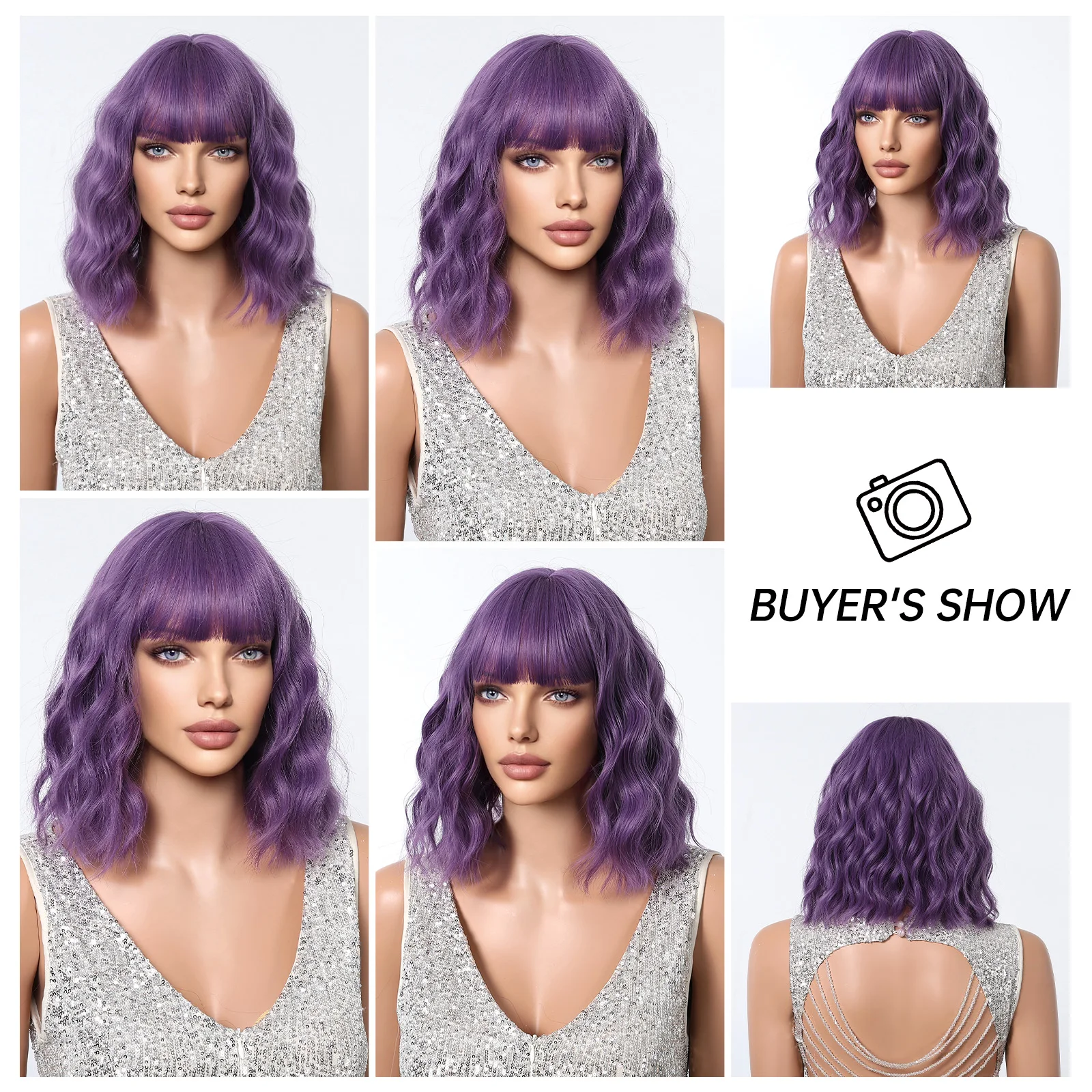 لويس فيري-شعر مستعار اصطناعي أرجواني مموج قصير للنساء ، شعر طبيعي ، شعر مستعار تأثيري مع الانفجارات ، ألياف مقاومة للحرارة ، حفلات يومية