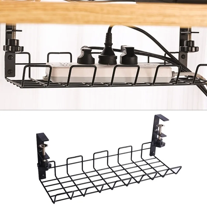 

No Punching Kitchen Storage Accessories Under Table Storage Rack Metal Cable Management Tray Home Office Desk Wire Organizer