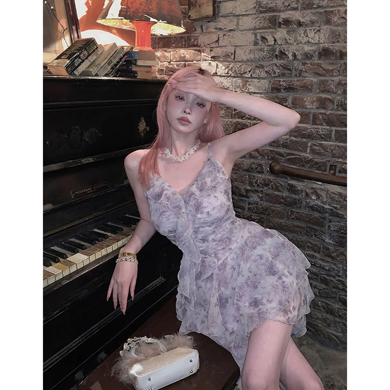 Dolce stampa floreale Mini abito da donna Y2K Vintage Party Ruffles Camis Dress Moda coreana Sexy cinturino per spaghetti Abiti estivi