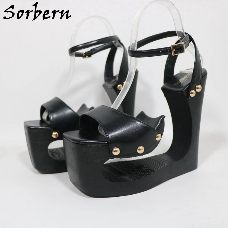 Sorbern Black Hollow Out Wedge Women Sandals Slingback Summer Shoes Wedge High Heels Custom Colors Gold Rivets