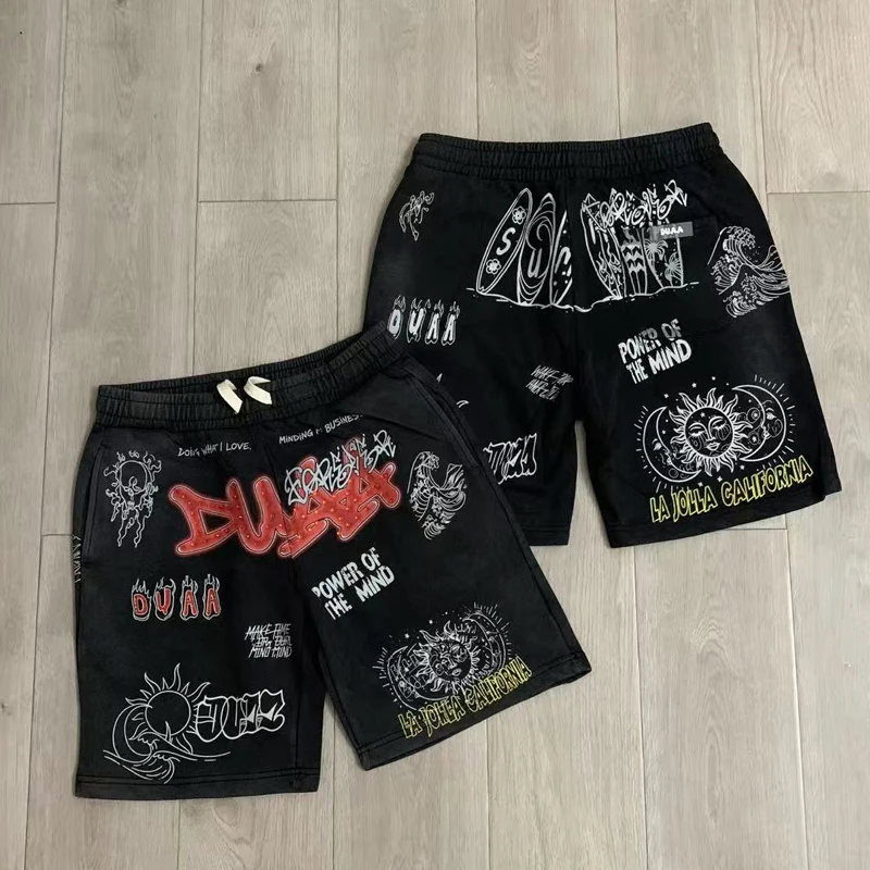 Retro Washed DUAA Shorts High-quality Full Graffiti Printed Rhinestone Sports Casual Shorts