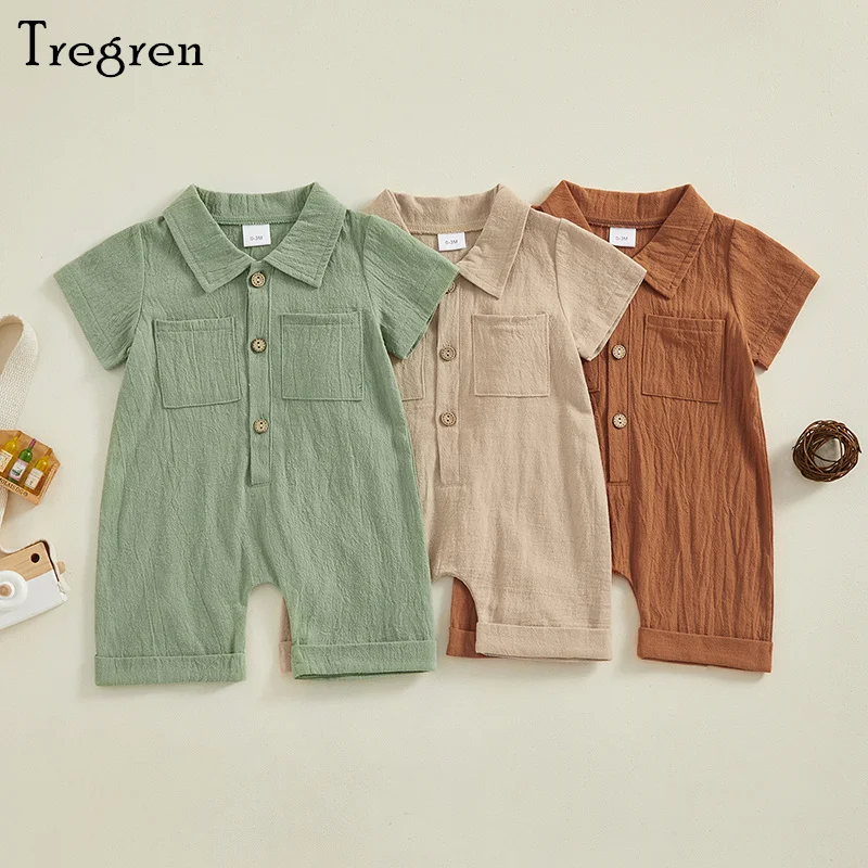 Tregren 0-18M Infant Boys Cotton Linen Jumpsuit Solid Color Lapel Short Sleeve Front Button Romper Summer Newborn Baby Clothes