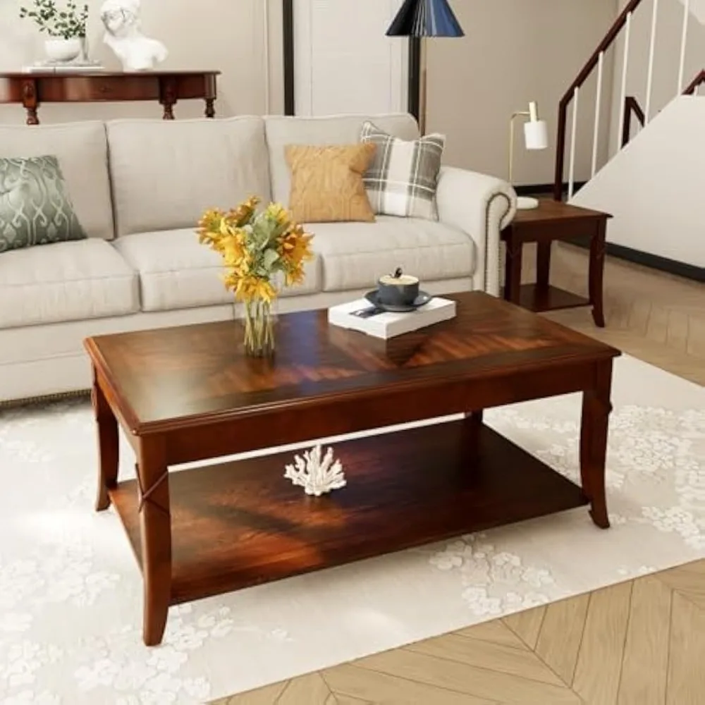 Solid Wood Coffee Table with Storage Shelf, Mid-Century Living Room Tables with Carved Tabletop and Leg, 43.3” Splicing