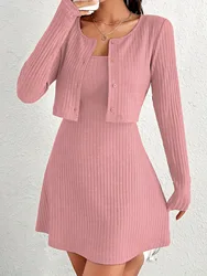 Dress Set 2024 Autumn New Knitted Set Two Piece Set Premium Pink Knitted Cardigan Women's Casual Set Dresses