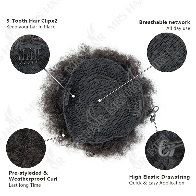 Capelli umani coda di cavallo crespo ricci Afro Puff coulisse panino alto fermaglio per capelli in su estensioni Updo per donne nere 4 6 8 pollici