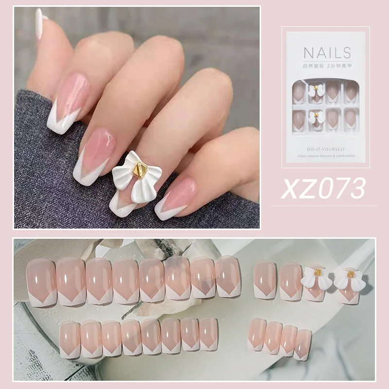 French style Pink False Nails Barbie Milkshake Bow Press on Nail Stars Flash Removable Solid Color Nail Art for Women and Girls