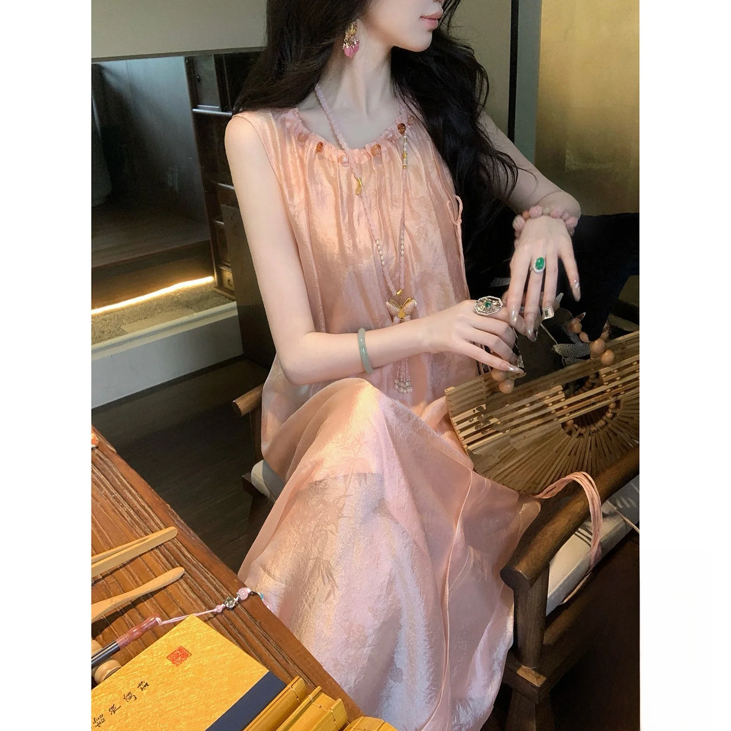 Syqiao Traditional Chinese Style Long Dress Two-Piece Set round Neck Sleeveless Dark Pattern Silk Gown H-Shape Silhouette