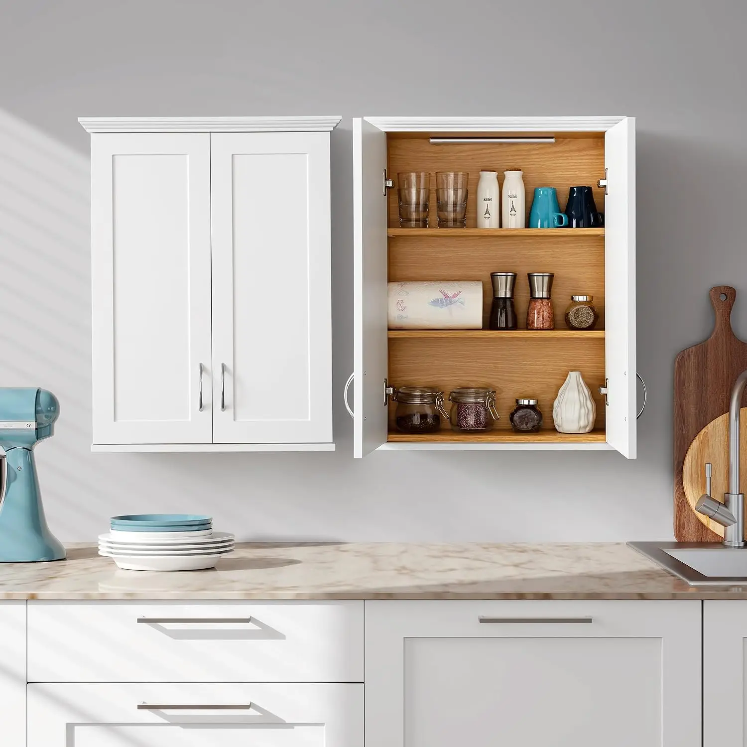 Bathroom Wall Cabinet, Wooden Medicine Cabinet Organizer, Over The Toilet Space Saver Storage Cupboard With Ambient Lighting Design, Modern Hanging Unit For Laundry Room Kitchen Entryway