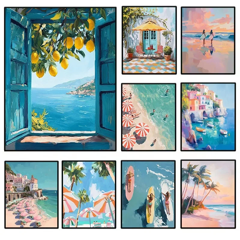 Póster de paraguas a rayas con árbol de limón para chica, surfista, playa costera mediterránea Retro, pintura en lienzo, imágenes artísticas de pared, decoración del hogar