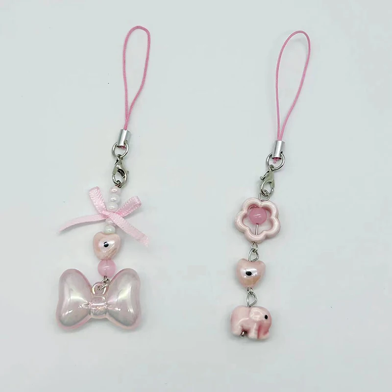 Cute Ribbon Bow Mobile Phone Chain Girl Heart Kawaii Flower Beaded Elephant Mobile Phone Pendant Bag Pendant