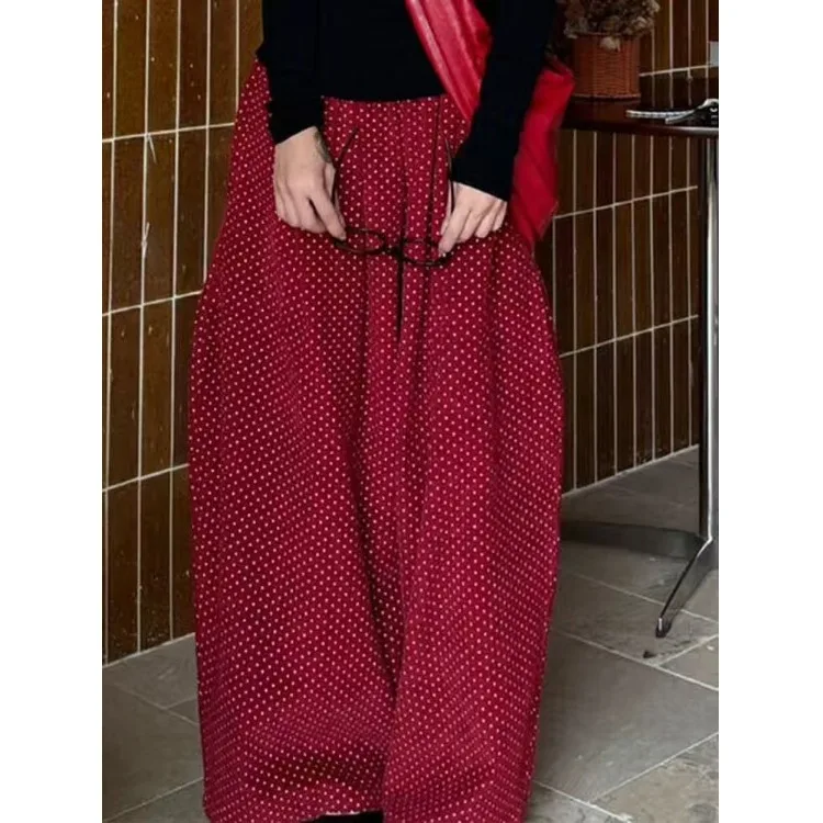 Pantaloni di velluto a coste a vita alta Pantaloni casual a gamba larga a pois rossi da donna Autunno Inverno Dimagrante Versatile Cotone confortevole