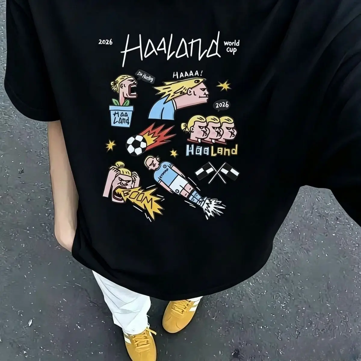 Haaland 2026  Cartoon Doodle T Shirt Funny Comic Print Black Loose Short Sleeve Men Soccer Fan Casual Tee