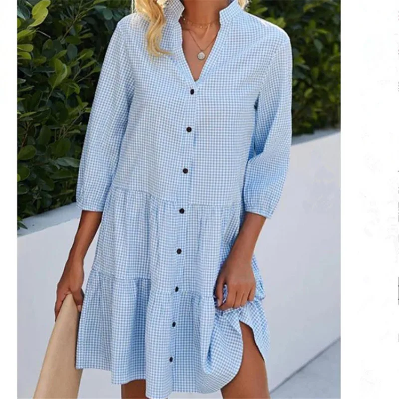 New Four Seasons Five-Quarter Sleeve Plaid Stand Collar Dress T-Shirt For Women