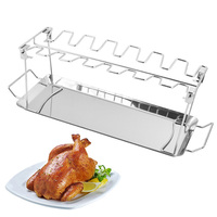 BBQ Beef Chicken Leg Wing Grill Rack 14 Slots Stainless Steel Barbecue Drumsticks Holder Smoker Oven Roaster Stand with Drip Pan