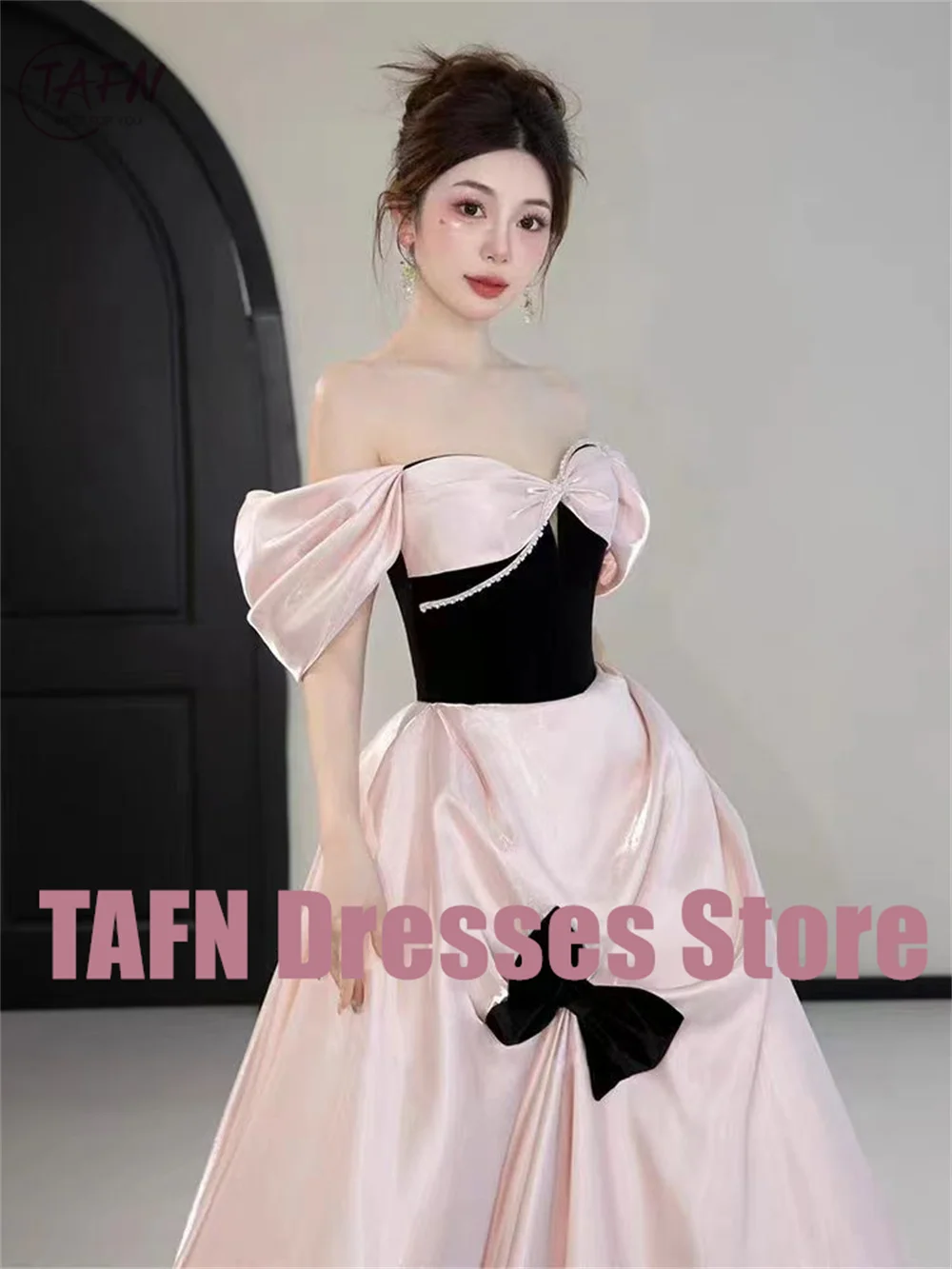 TAFN Korea Princess Pink Wedding Dressses Off the Shoulder Bow A-line Bridal Ball Gown Elegant Lovely Wedding Reception Dresses