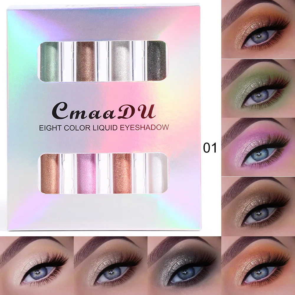 CmaaDu 8 Color 4Pcs/Set Pearl Waterproof Glitter Liquid Eyeshadow Gold Silver Makeup Lasting Shiny High Glow Eye Shadow Cosmetic