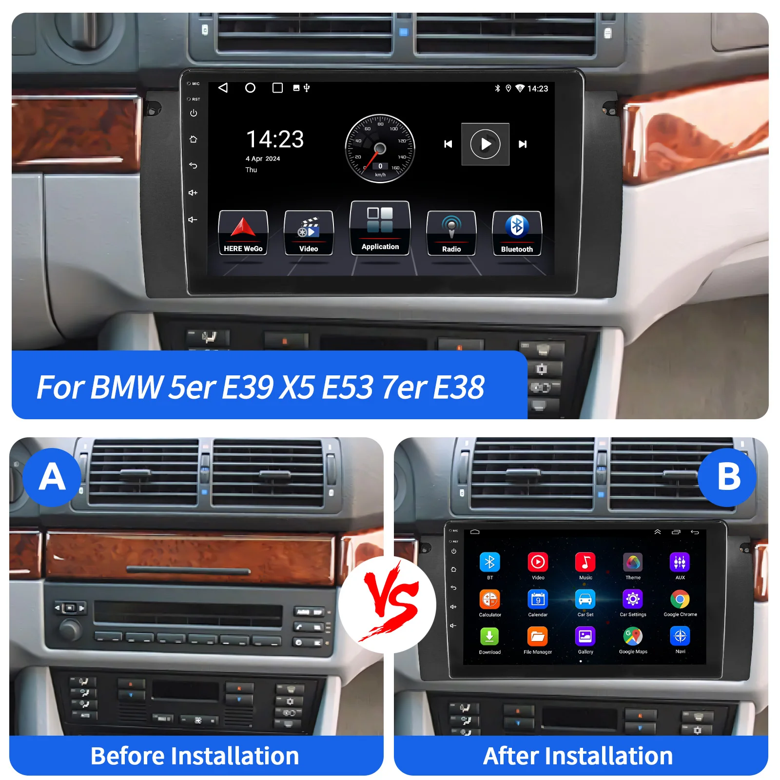ESSGOO Android 15 9 Zoll IPS Touchscreen Display Apple CarPlay Android Auto Autoradio GPS Navigation USB Spiegel Link Lenkradfernbedienung WIFI Bluetooth FM ASP Geteilter Bildschirm Für BMW 5er E39 X5 E53 7er – Detail 9