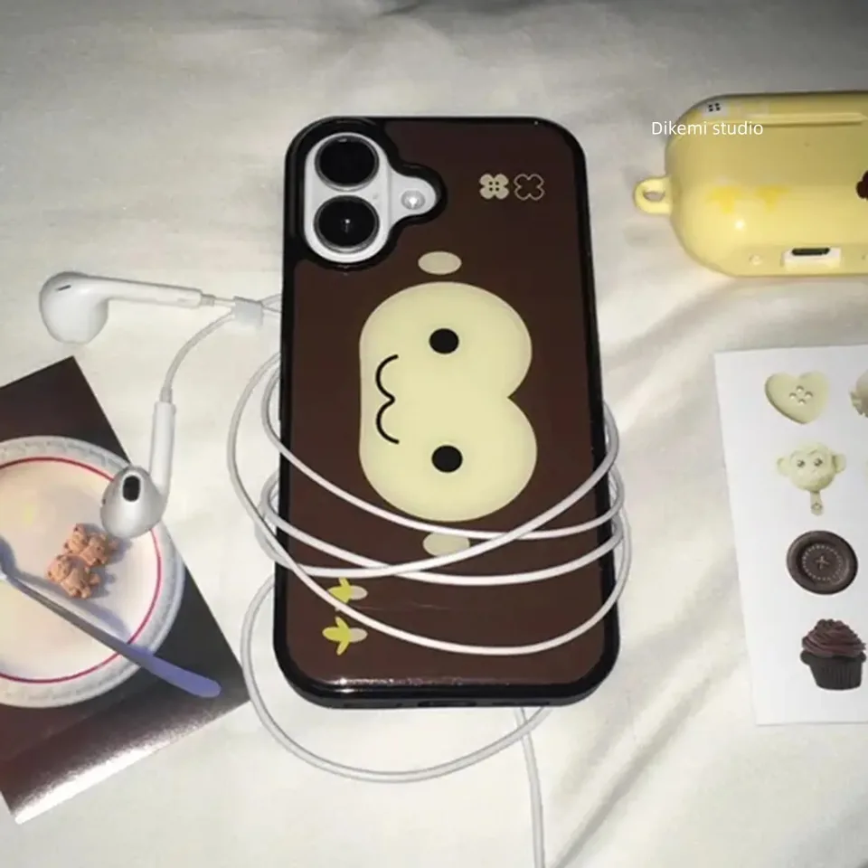 Funda de silicona a prueba de golpes con cara de mono marrón y amarilla, estilo coreano, para iPhone 17 Air 16 Pro Max 15 14 Plus 13 12 11 3