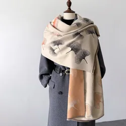 New Autumn&Winter Thick Wraps Warm Ginkgo Leaf Print Scarf Female Imitation Cashmere Shawl Women's Thickening Tassels Scarf