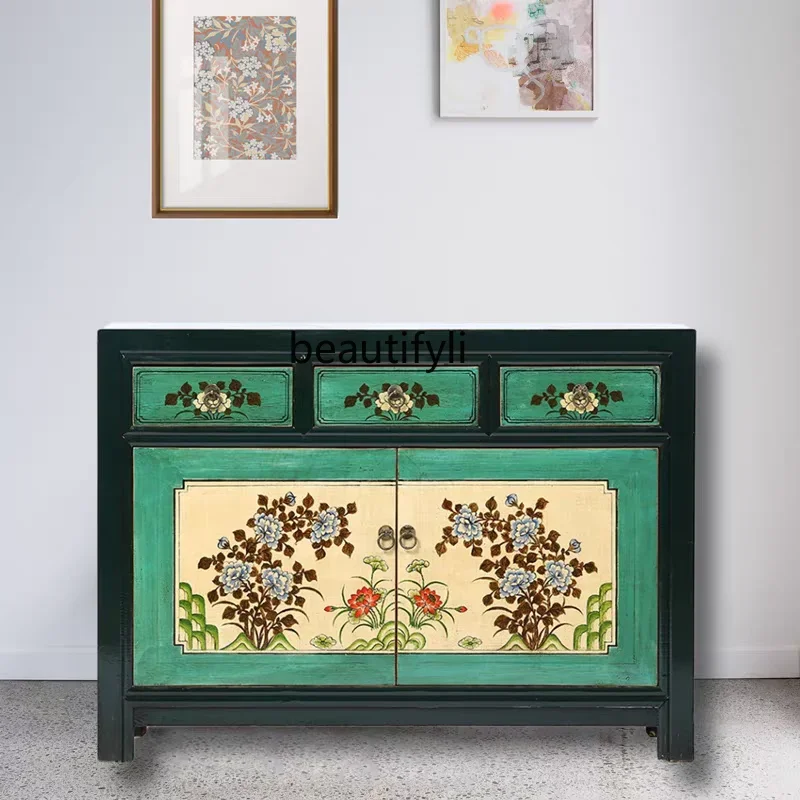 

A57 New Chinese solid wood porch cabinet painted foyer locker retro do old side cabinet