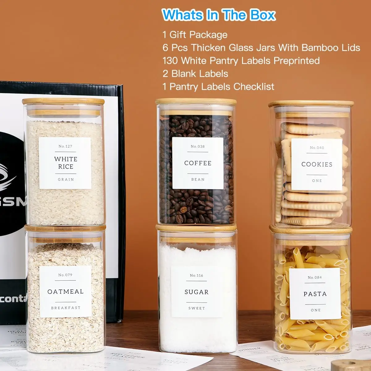 6 Pack Square Kitchen Storage Jars with Airtight Bamboo Lids and 132 Labels - 35oz Glass Canisters for Coffee, Tea, Spice view 2