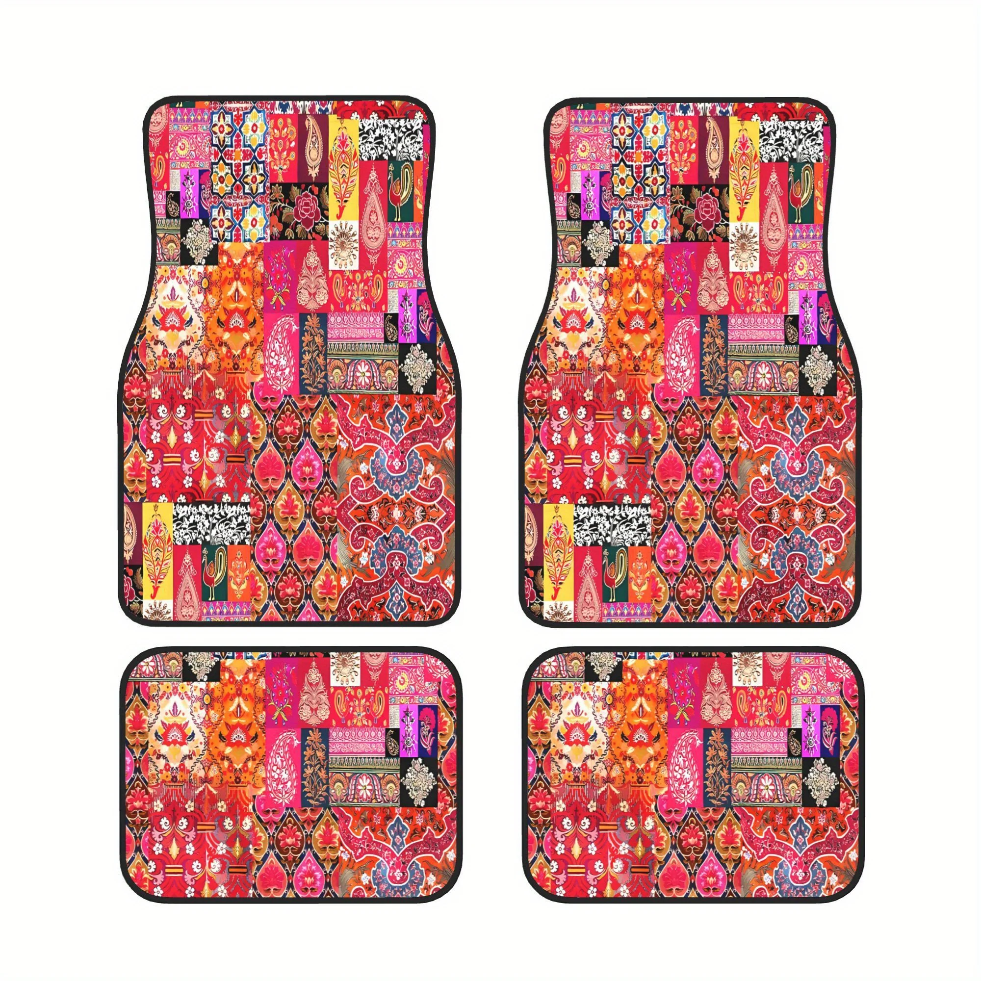A Complete Set Of Four Car Mats Featuring An Ethnic Bohemian Mosaic Design That Blends Moroccan And Indian Styles, Ideal For Upg