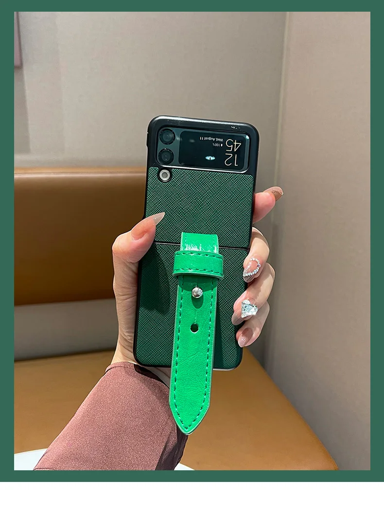 Capa de telefone de couro bonito com alça de pulso para Samsung Galaxy Z Flip6, Flip 4, 3, 4, 2, 1, moda coreana