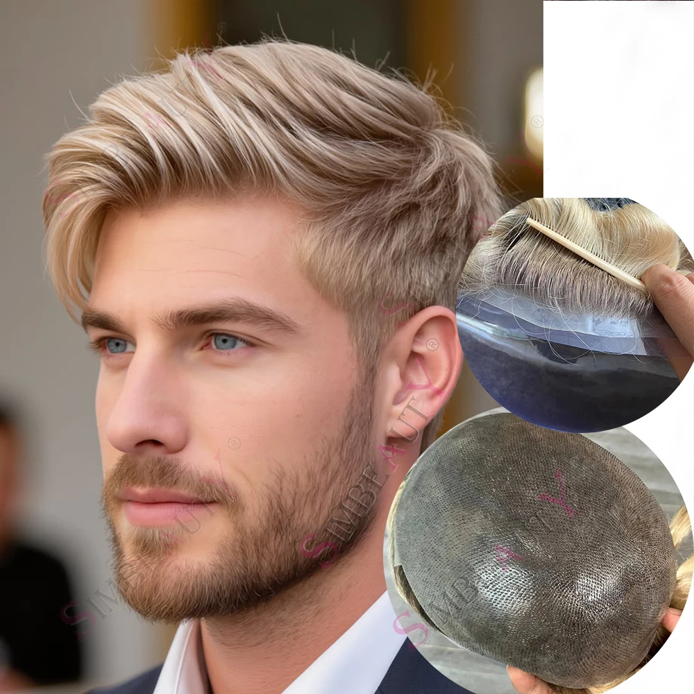 0.06mm Invisibility Thin Skin Prosthetic 4T/613# Ombre Blonde Male Toupee Grey Black100%Human Hair Capillary Prosthesis for Men