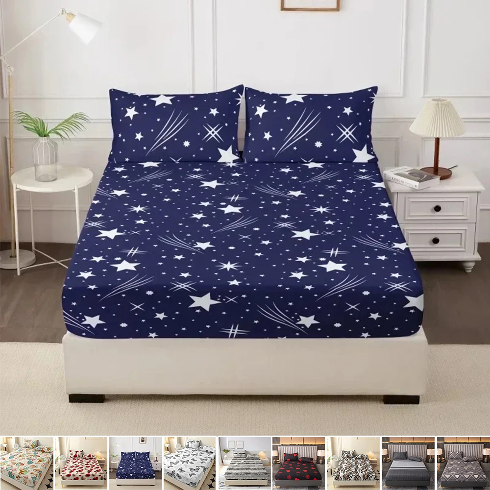 

3Pcs Floral Reactive Printed Fitted Sheet 360° Elastic Deep Pocket Mattress Protector for Single/Double/Queen/King Size Bedroom