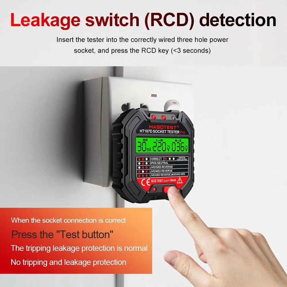 HABOTEST HT107 Socket Tester Pro Voltage Test RCD 30mA Socket Detector UK EU Plug Ground Zero Line Plug Polarity Phase Check