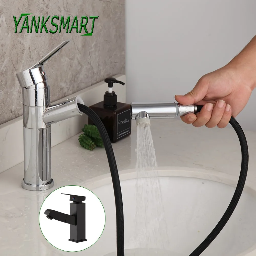 

YANKSMART Pull Out Spray Bathroom Faucet Basin Sink Crane Deck Mount Single Handle Faucets Washbasin Hot & Cold Mixer Water Tap