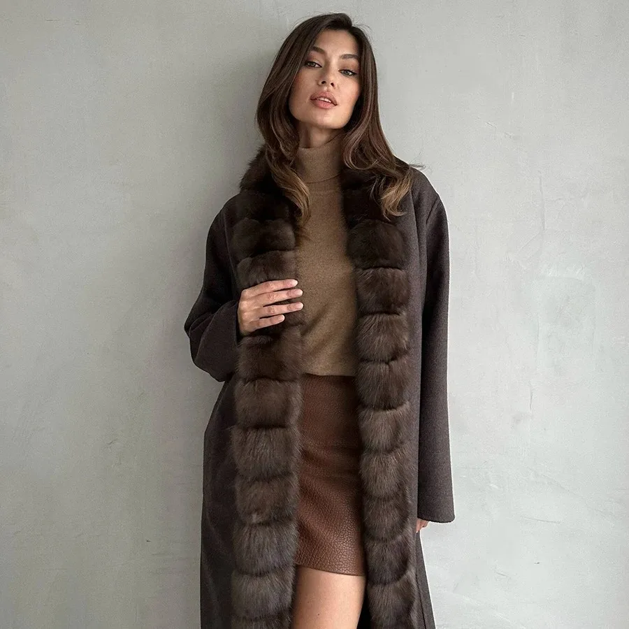 Women's Winter Coat Real Cashmere Coat With Natural Fox Fur 2024 Luxury High Quality Long Wool Coat