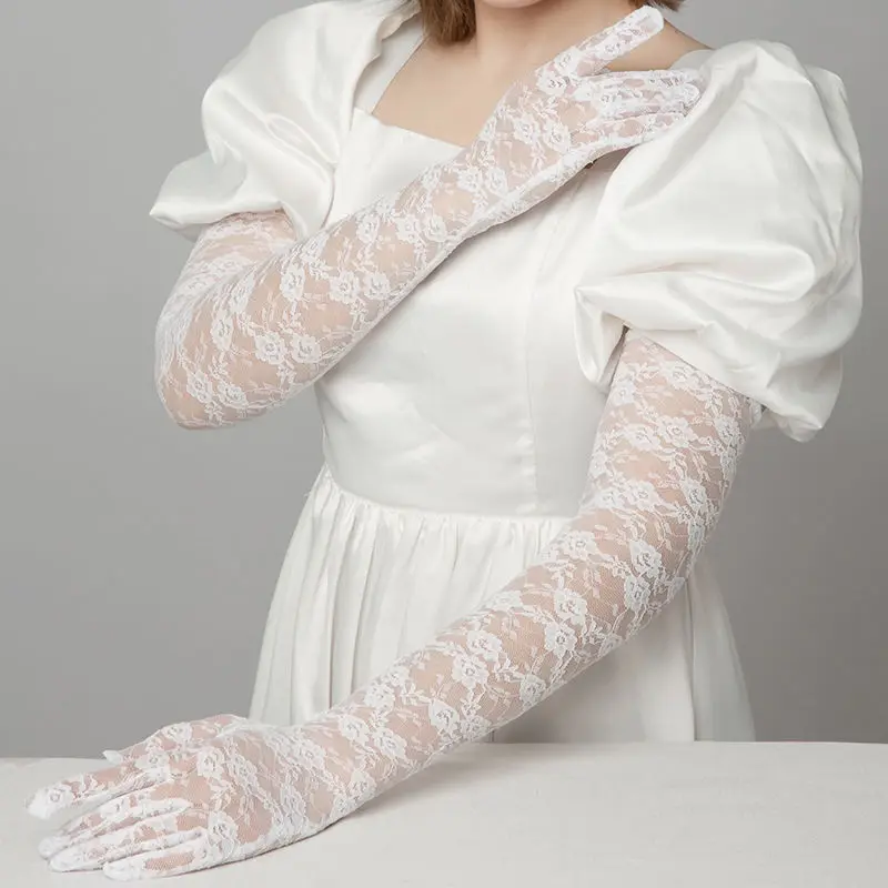 Women Sexy Elbow Length Lace Floral Thin Breathable Gloves See Through Club Party Evening Prom Dress Dancing Accessories